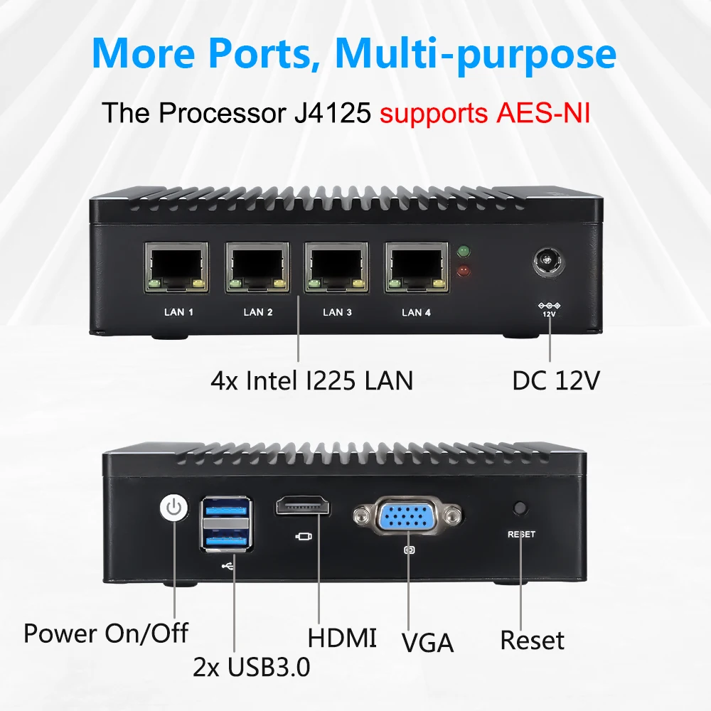 VNOPN-Mini PC Network Router, Firewall Appliance, 2.5 GHz, Intel, 4 Portas, N3700, Quad Core, Fanless