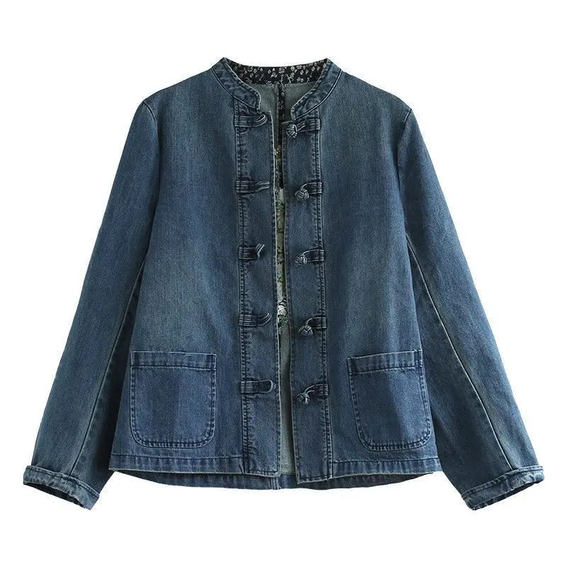 Chaqueta vaquera bordada Vintage para mujer, abrigos vaqueros de manga larga con cuello levantado informal para primavera y otoño, prendas de vestir exteriores con botones de estilo étnico