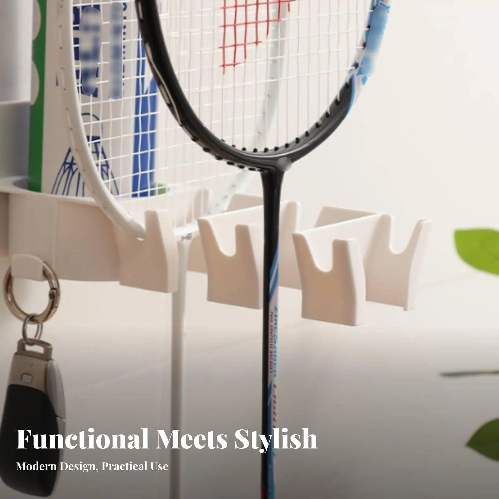 Wall Mounted Sports Racket Organizer Shelf for Tennis Badminton Pickleball Paddles with Ball Storage and Two Side Hooks for Easy