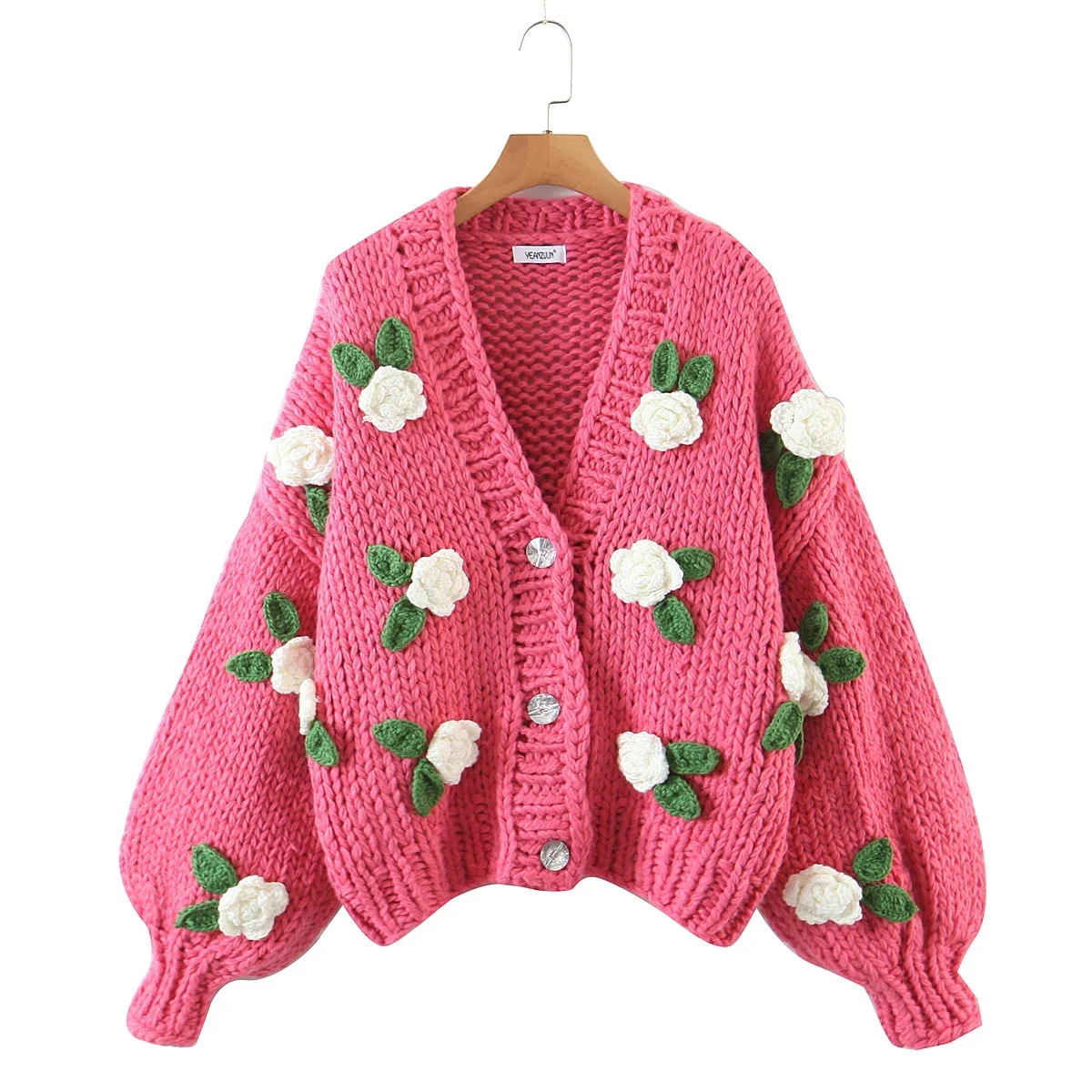 3 colorway oversized vintage design floral pattern women casual loose hand knitted cute sweater cardigan