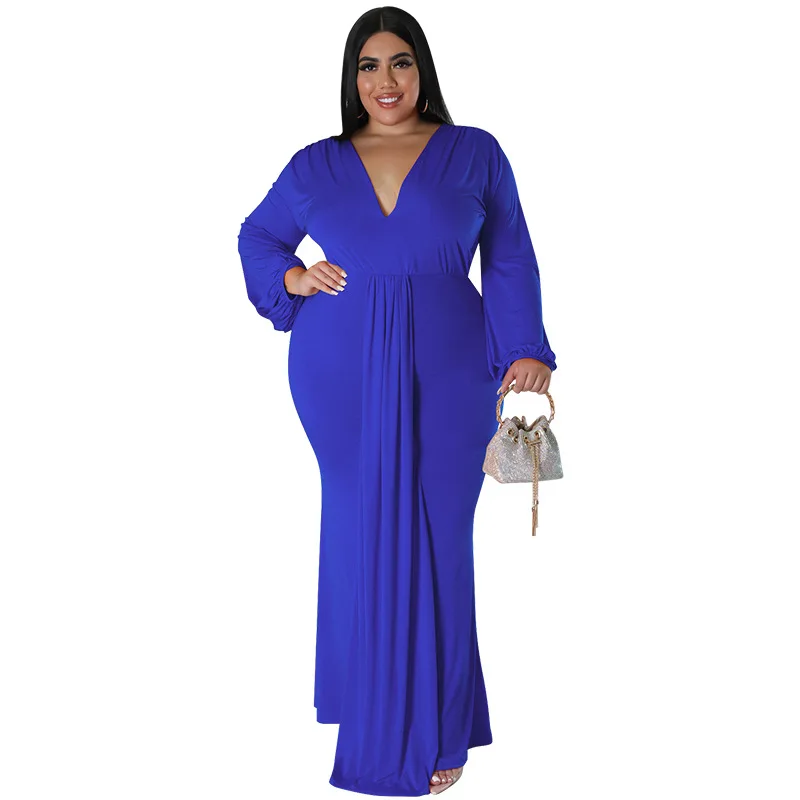 Women's solid sexy deep V-neck long sleeve pleated plus size dress new product