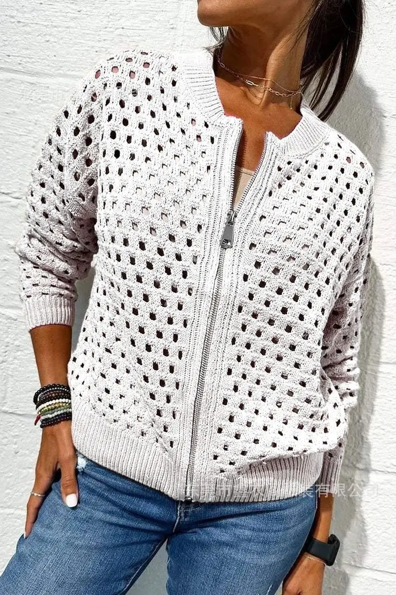 

Fashionable Zipper Knitted Jacket Jacket Women Solid Color Spring Casual Hollow Round Neck Cardigan For Women 2025