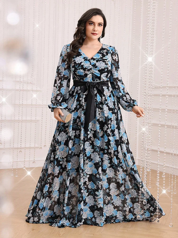 TOLEEN-Women's Floral Print Lantern Sleeve Long Dresses, Plus Size, Casual, Elegant, V-Neck, Belted, Holiday Clothing, Summer