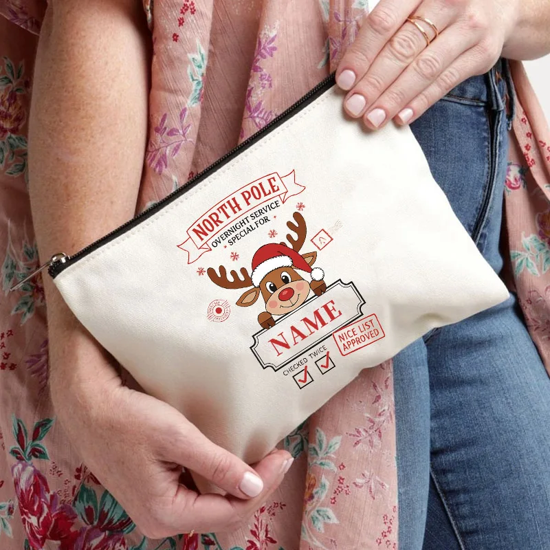 Personalized Christmas Makeup Bag North Pole Reindeer Canvas Zipper Pouch, Custom Name Xmas Cosmetic Storage Bag Holiday Gift