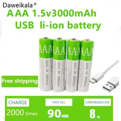 New2024 USB AAA Rechargeable Batteries 1.5V 3000 mAh li-ion battery for remote control mouseElectric toy battery + Type-C Cable