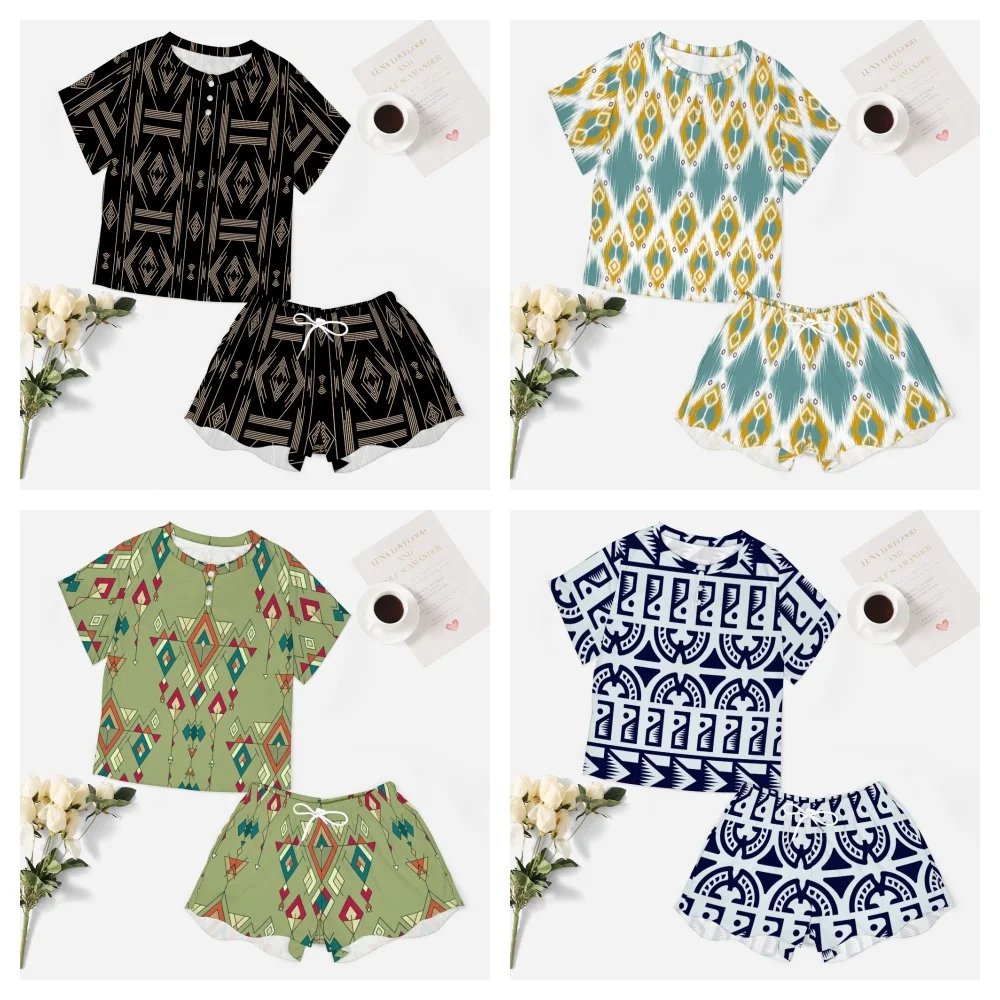 

Traditional Fabric Pattern Women's 2-Piece Button Down Short Sleeve Button Front Sleepwear Loungewear PJ Set Summer Home Suit