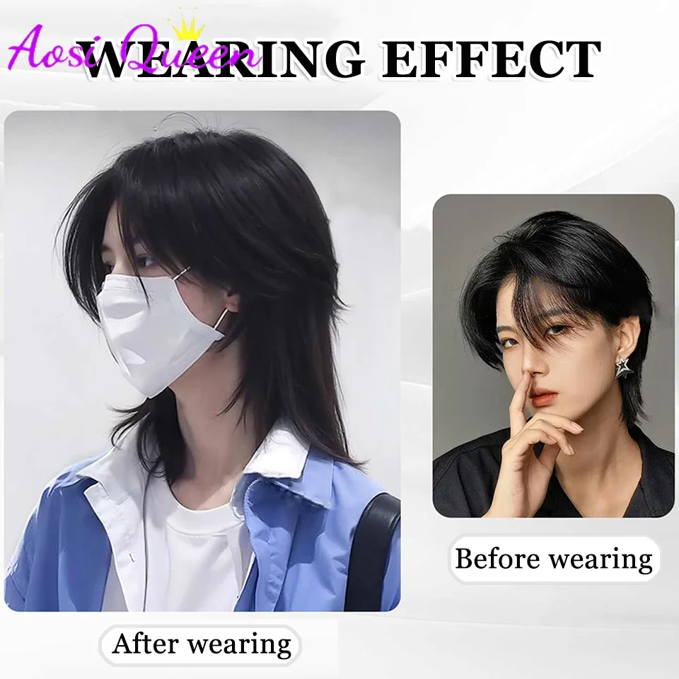 AOSIQUEEN Synthetic Short Light Natural Men's One-piece Korean Style Invisible Wolf Tail Mullet Wig Extensions