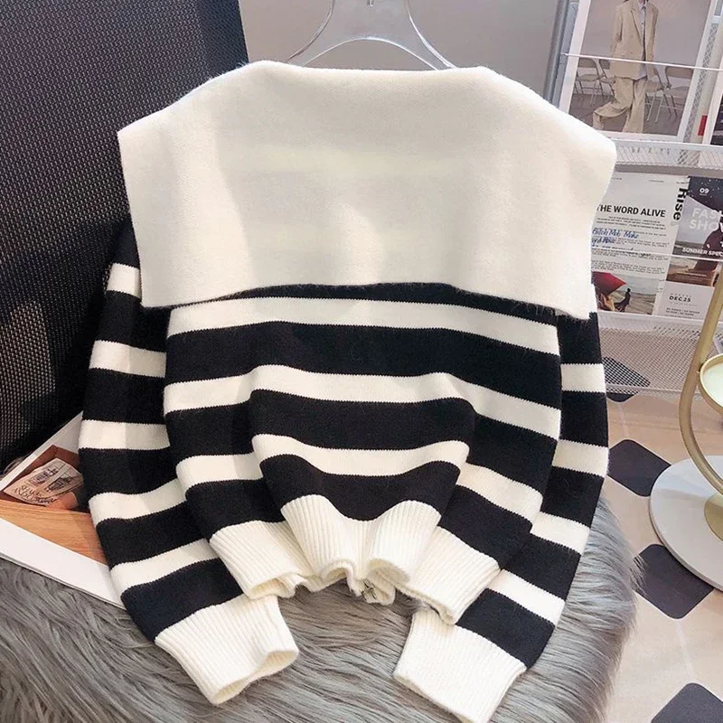 Cardigan con cuciture a righe colletto Peter Pan stile preppy coreano da donna maglione lavorato a maglia a maniche lunghe con cerniera allentata casual Top semplice