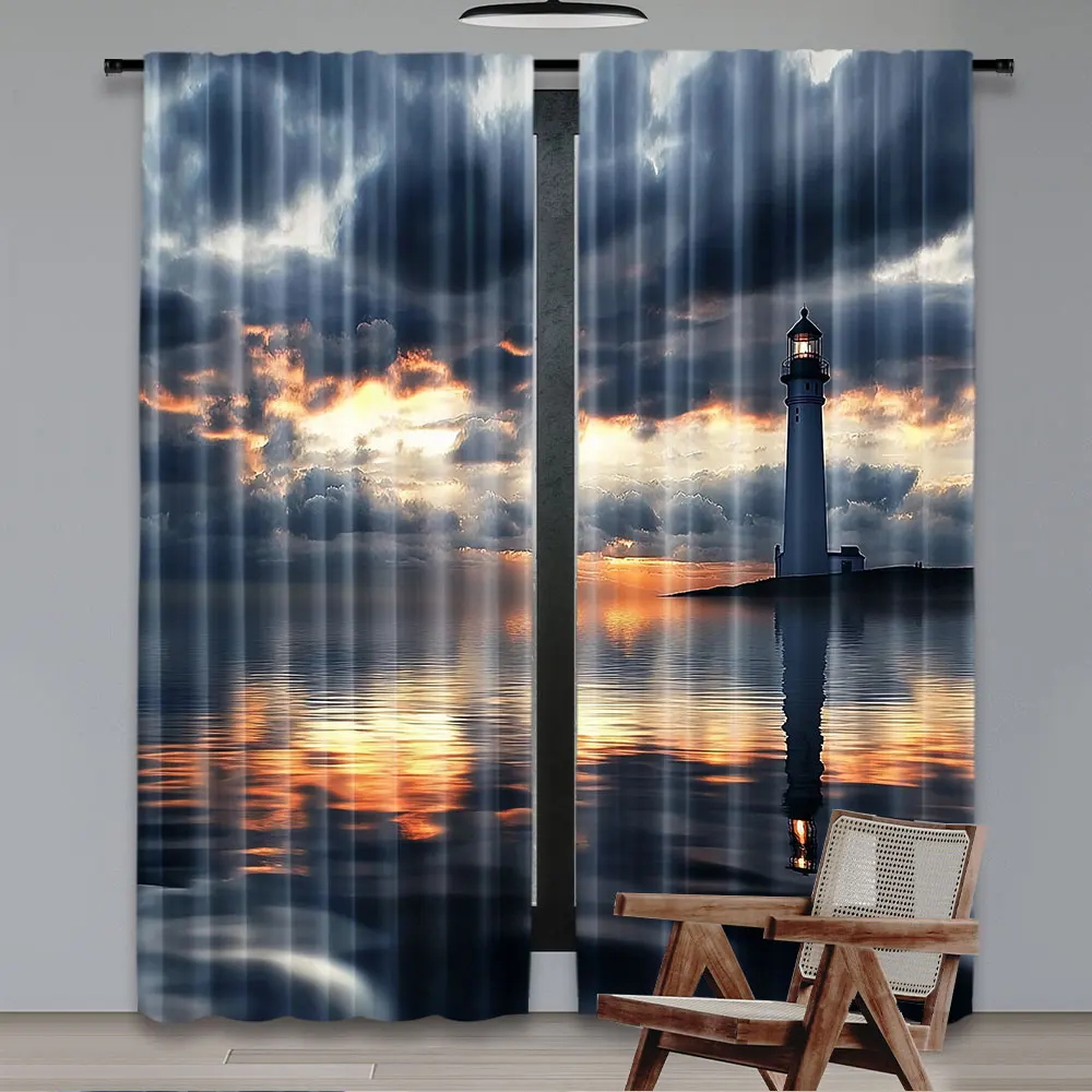 2Pcs Lighthouse Curtains Lighthouse Dark Clouds Reflection On Atlantic Weather Shadow For Bedroom Living Room And Dining Room A