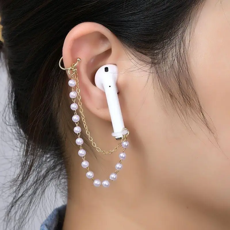 Fashion Anti Lost Wireless Earbud Holder Earrings Gold Plated Chain Shiny Crystal Faux Pearl for Girls Wedding Accessory
