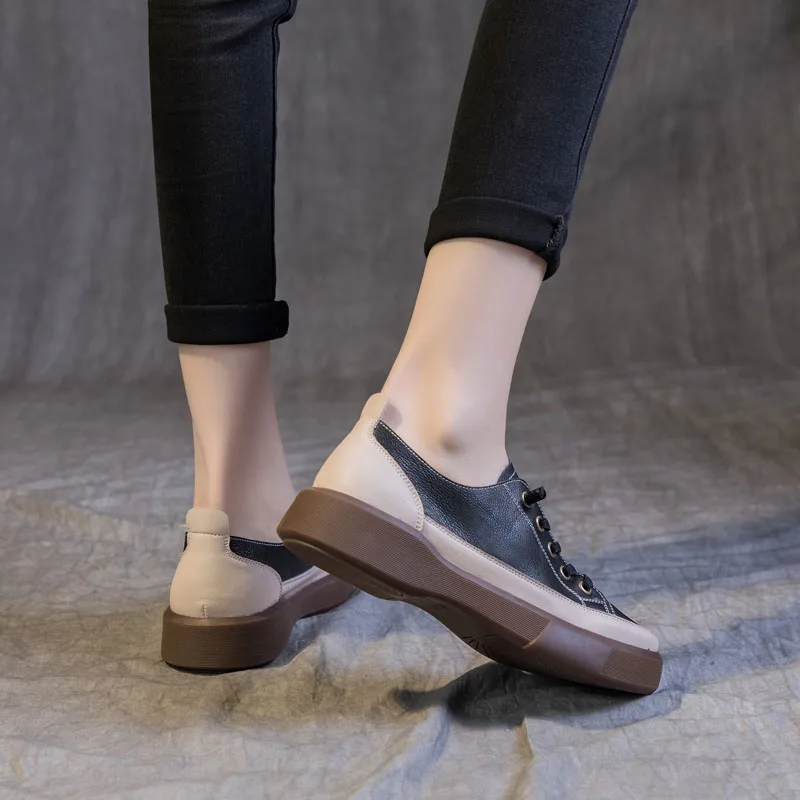DRKANOL Fashion Women Flat Shoes Slip On Casual Loafers Spring Autumn Mixed Colors Genuine Cow Leather Low Top Retro Lady Shoes