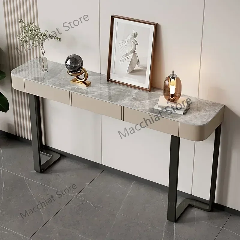 Italian Luxury Stone Plate Top Console Tables Creative Entrance Table with Drawer Minimalist Hallway Cabinet Home Furniture