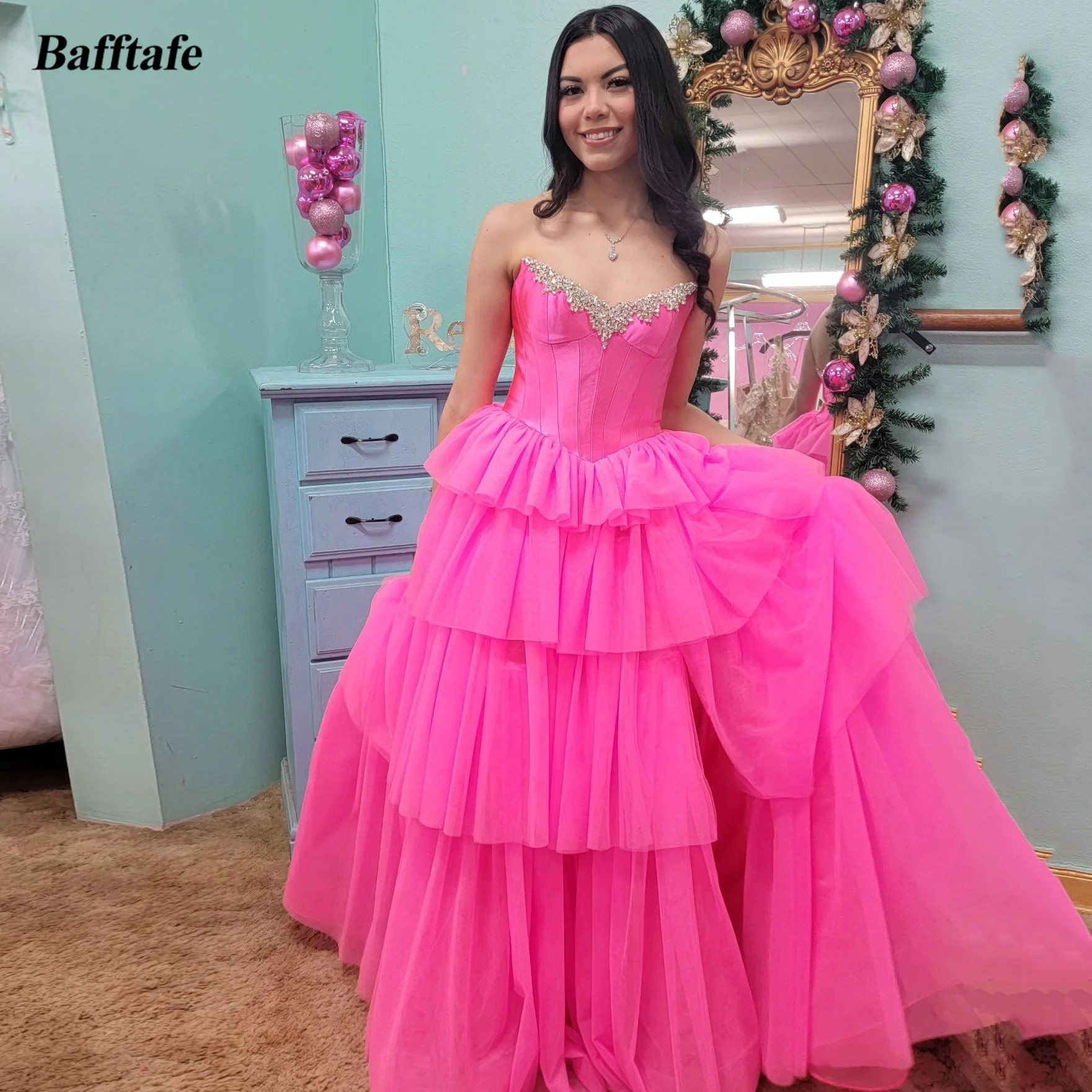 

Bafftafe A Line Tiered Tulle Women Prom Dresses Beaded Crystals Evening Dress Floor Length Formal Special Occasion Party Gowns