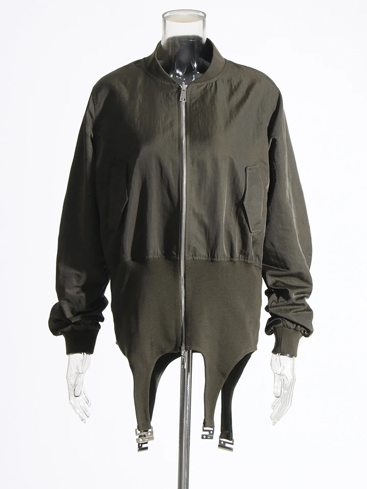 Giacca da donna irregolare tinta unita, colletto in piedi in due pezzi, cerniera Patchwork a maniche lunghe, moda donna di strada