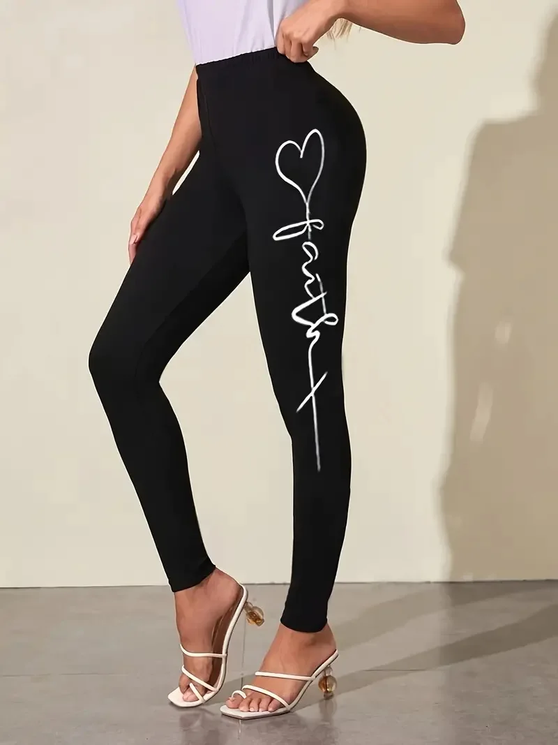 Love letter print Casual elastic elastic waist slim-fit leggings Home out work travel Wearing comfortable leggings for women