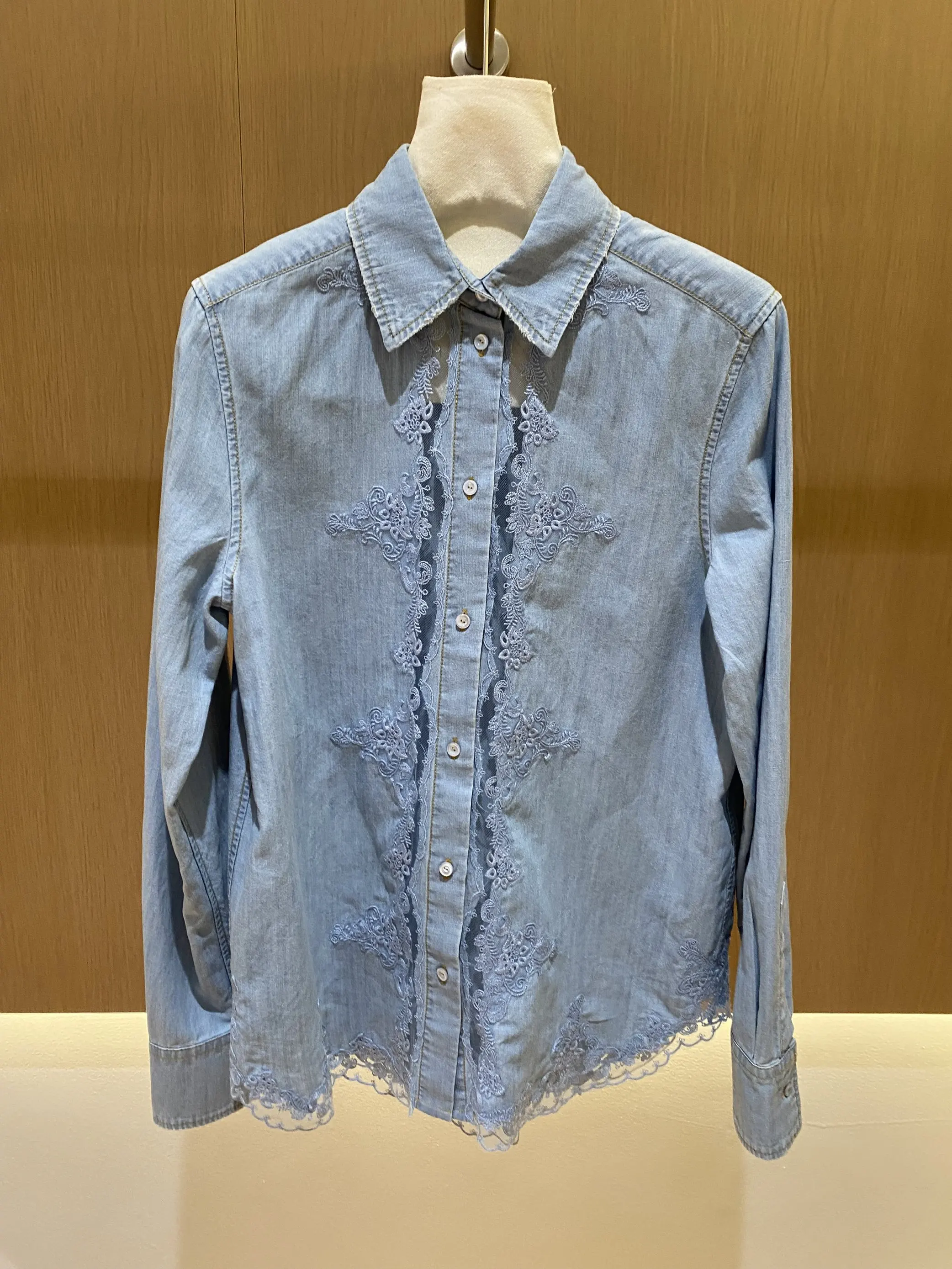 

2026 New Arrival Women Denim Shirt Fashion Long Sleeve Blue Top Elegant Ladies Hollow Out Lace Embroidered Blouse