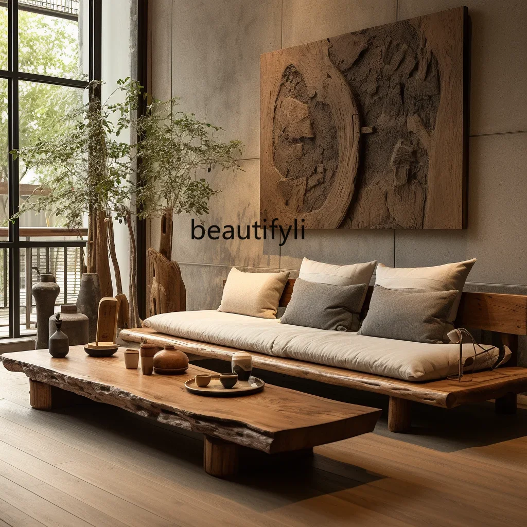 

Japanese-style solid wood log old boat wood straight-row sofa combination double straight-row atmosphere three-person sofa