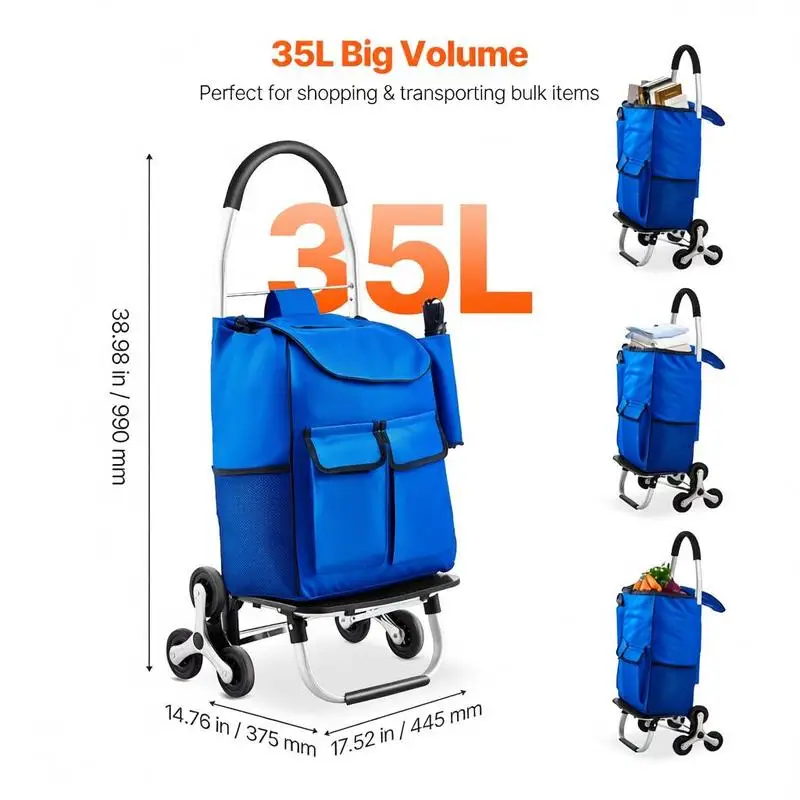 Chariot de courses pliable, 445 x 375 x 990 mm, chariot à main pour monter les escaliers avec 6 roues, sac de rangement en tissu Oxford, pour les courses, le bureau, le déménagement, le transport, l'extérieur, la lessive