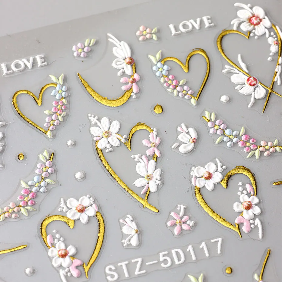 5D Embossed Kawaii Floral Gold Line Sliders Spring White Flowers Nail Stickers DIY Simple Petals Wedding Nails Decals Accesories
