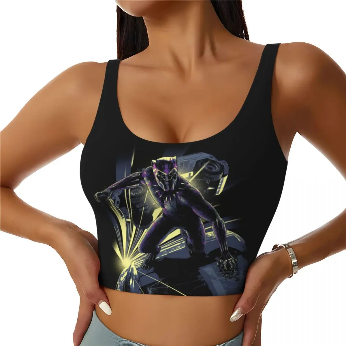 

Custom Black Panther Car Chase Graphic Sports Bra for Women High Impact Workout Yoga Crop Top