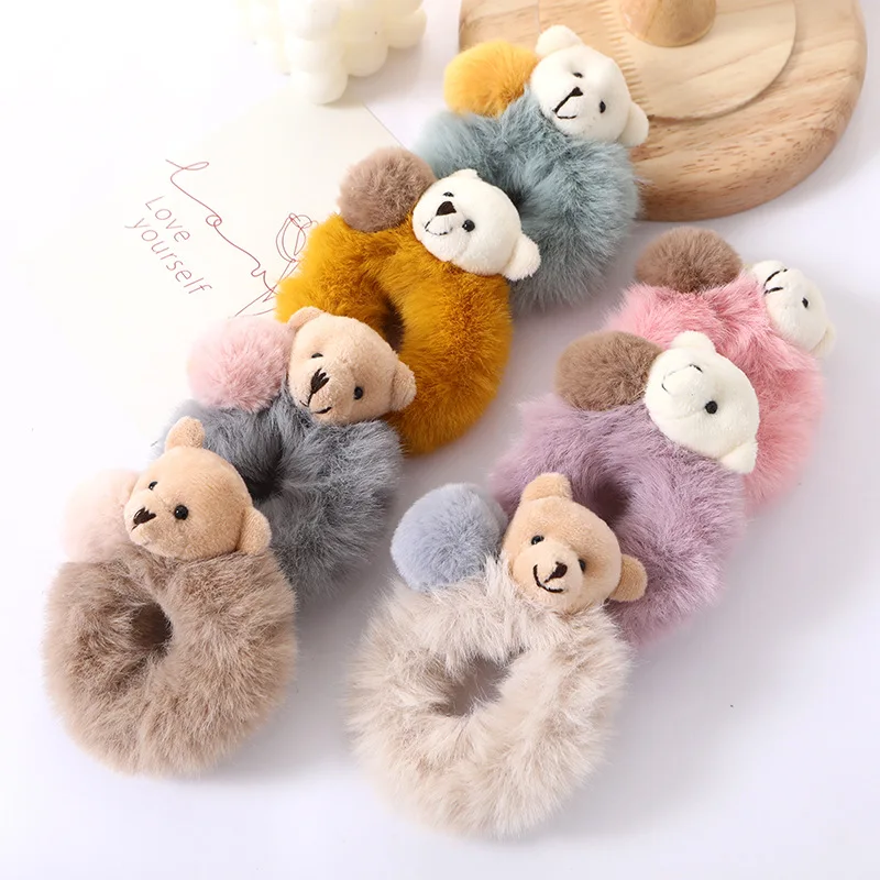 Cartoon Bear Furry Ball Hair Rope Antumn Winter Warm Cute Scrunchie Elastic Ponytail Holder Women Girls Hair Accessories Gift