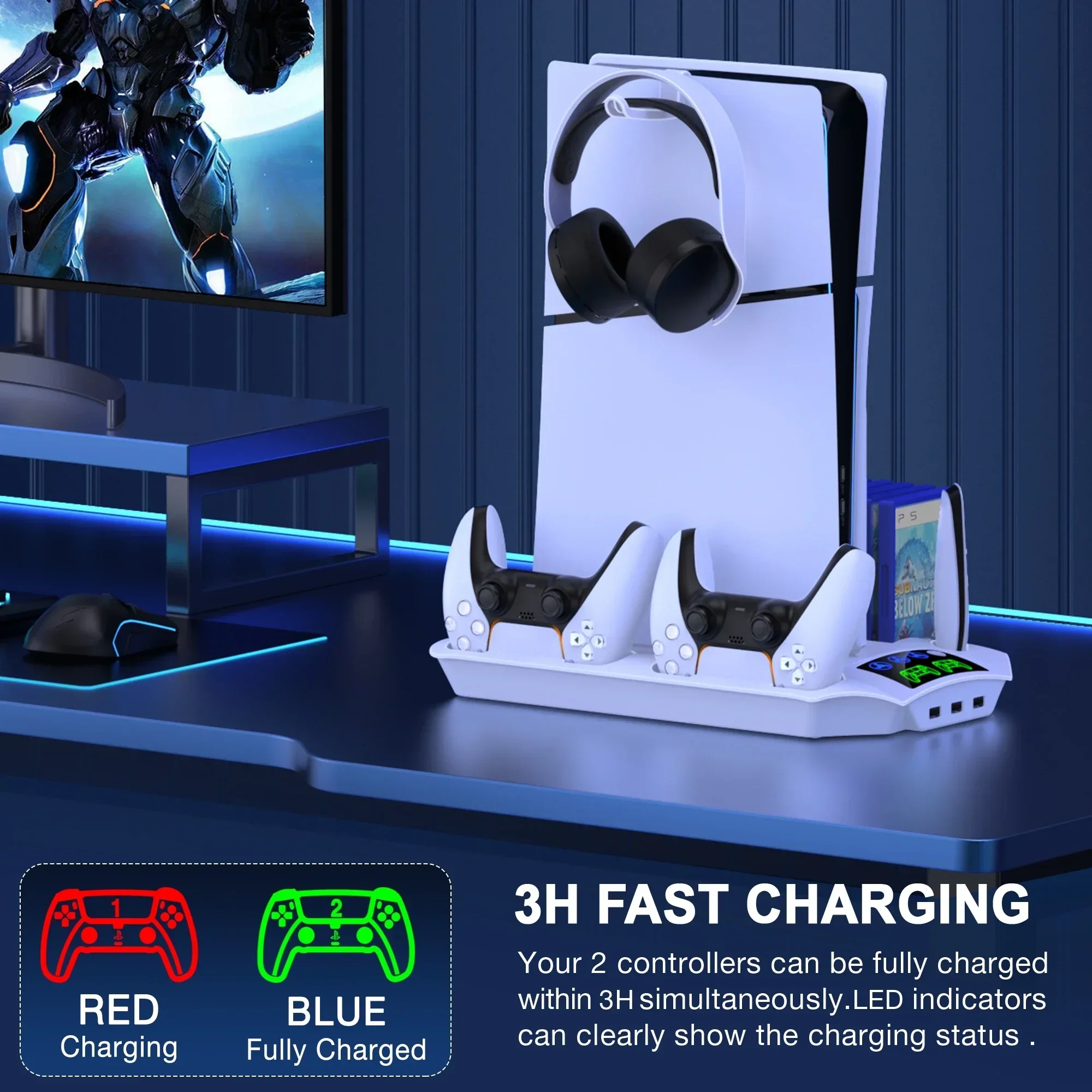 BEBONCOOL S6000 for PS5/PS5 Pro/PS5 Slim Vertical Stand Led Cooling Controller Charging Dock for Sony Playstation 5 Disc/Digital view 5