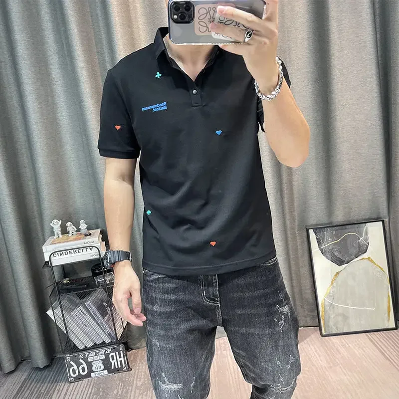 Clothes Rock with Collar Male Tee Shirts Alphabet Top Slim Fit Polo Men's T-shirt Short Quarter Sleeve Streetwear Xl Cool Chic