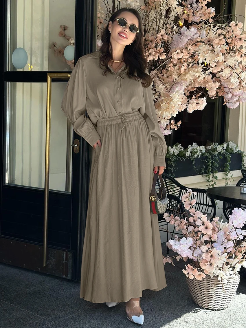 

Oymimi Fashion Khaki 2 Pieces Set For Woman Casual Lapel Long Sleeve Single Breasted Shirts + Drawstring Ankle-Length Skirts Set