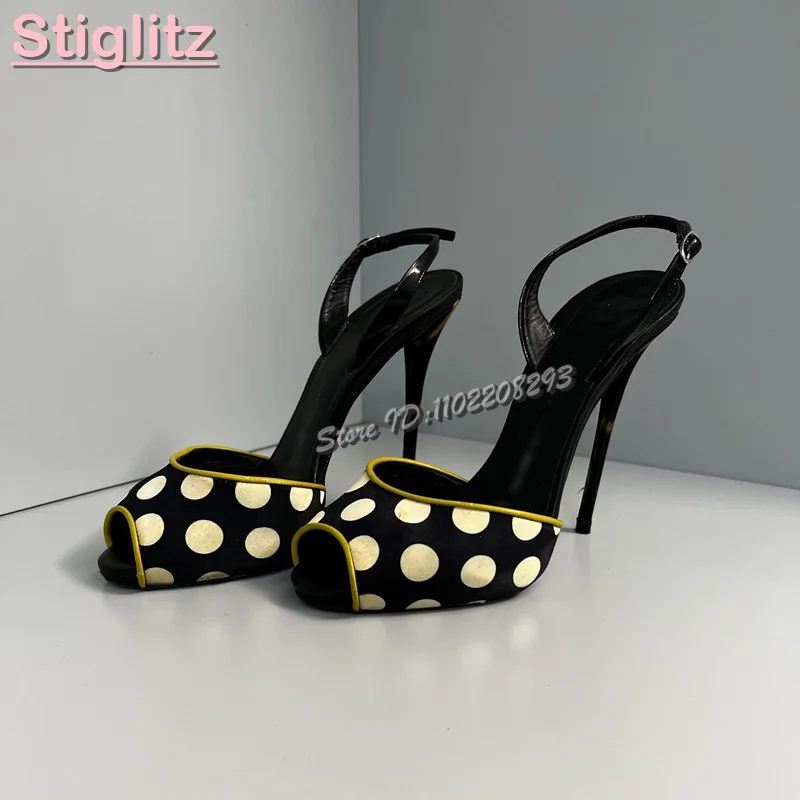 

Polka Dot Shallow Stiletto Sandals Mix-colors Peep Toe Buckle Strap High Heels 2025 Summer Women Fashion Dress Modern Shoes
