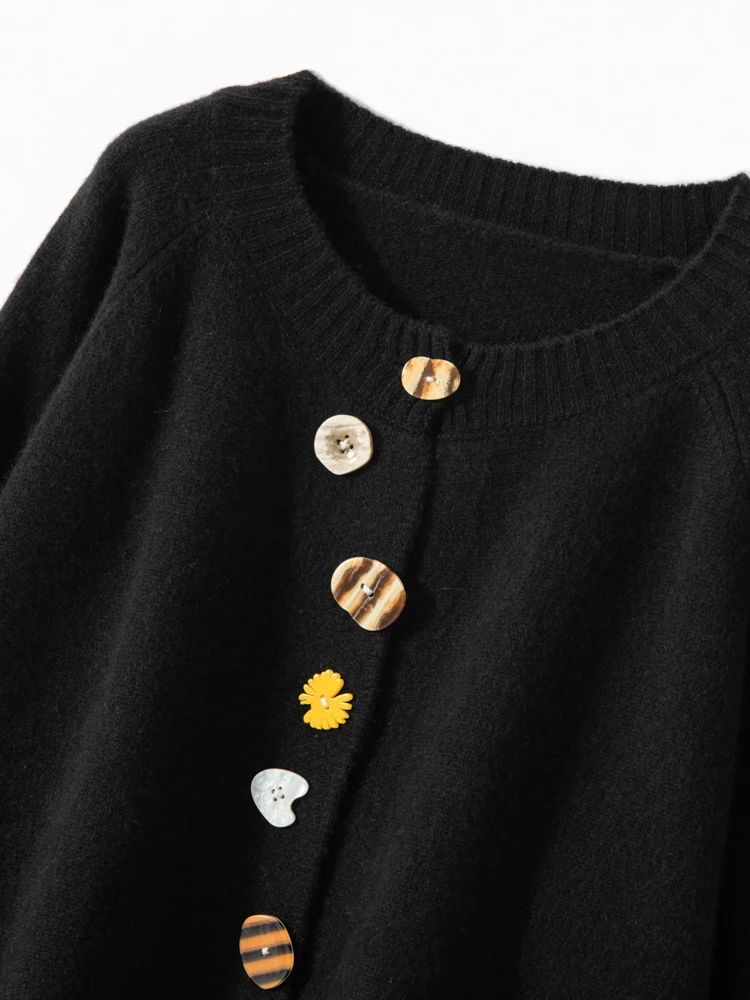 New Chic Women O-neck French Style Colorful Buttons Cardigan 100% Cashmere Knitwear Sweater Spring Autumn Korean Popular Cloth