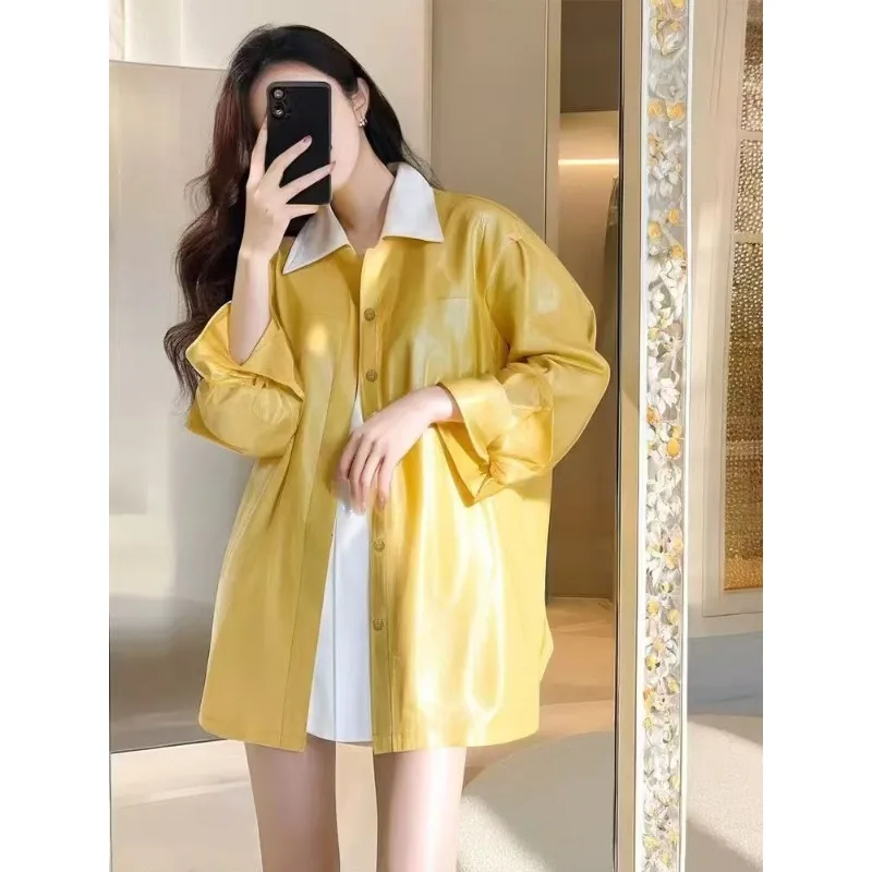 This Year's Popular Explosion of Small Korean Version Unique Super Beautiful Small Fragrance Black Yellow Leather Shirt Coat