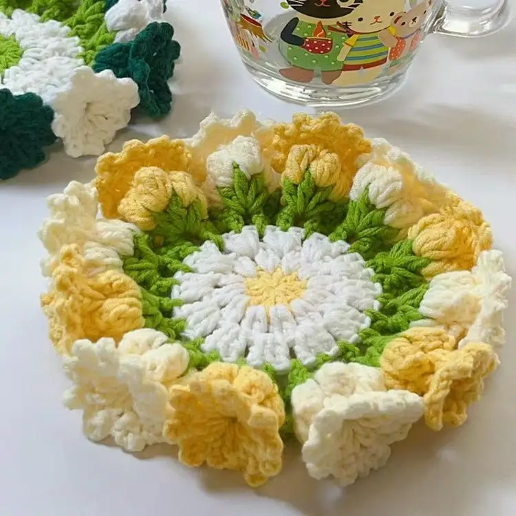 

Mini Rose Bouquet Coaster Placemat Cup Creative Knitted Crochet Bouquet Coaster Placemat Cup Outdoor Camping Tableware