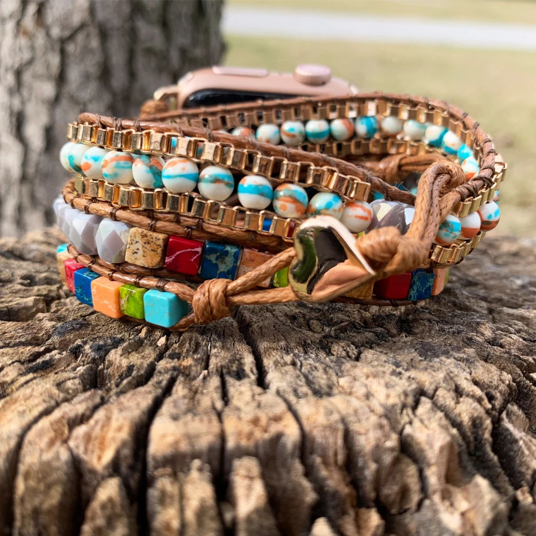 Natural Stone Crystal IWatch Band Beads Boho 3 Wrap Wax Rope Watch Strap Vegan Wristband Holiday Gift