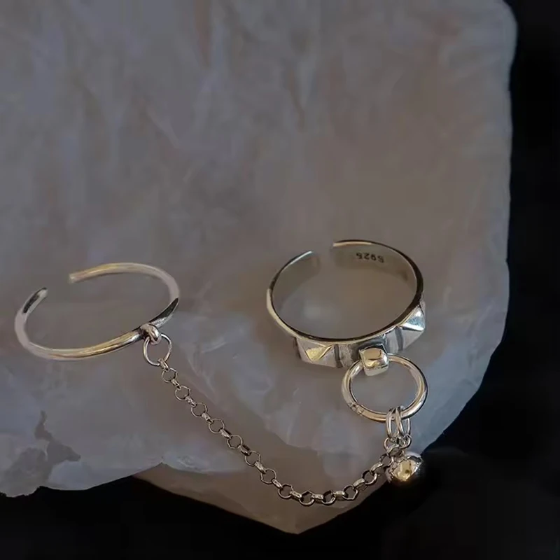 PANJBJ Echt 925 Sterling Silber Retro Runde Ring Für 2 Rigns Frauen Kette Vintage Edlen Schmuck Minimalistischen Zubehör Geschenk – Detail 8