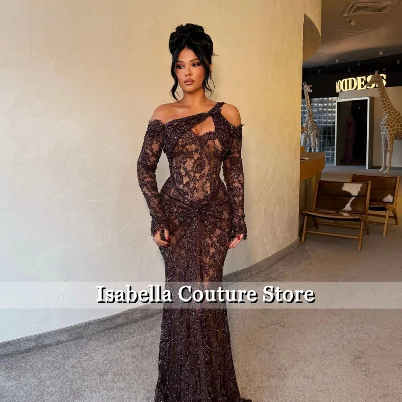 

Customized Elegant Women Lace Evening Dresses Lace Long Sleeves Prom Gowns Arabic Floor Length Customized Dubai Wedding Dress