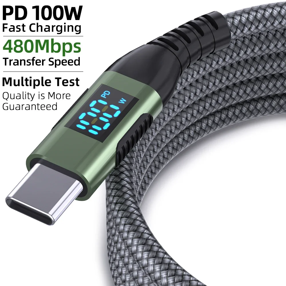 100W USB C Male to Male Braided Charging Wire With Real-time LED Wattage Screen  480Mbps Data Line For All Type-C Devices
