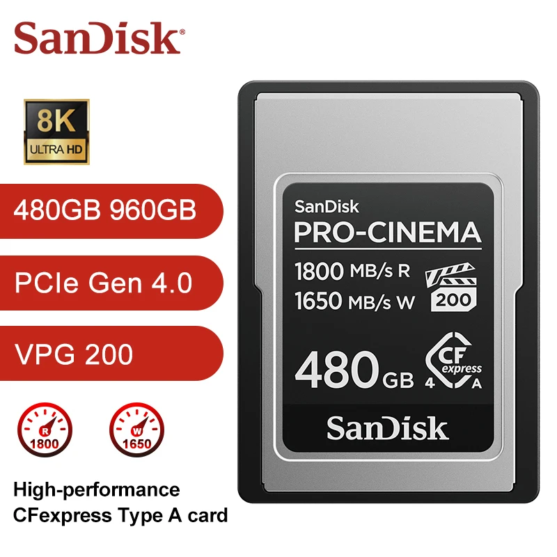 SanDisk PRO-CINEMA CFexpress Type A Memory Card 480GB 960GB Read Speed 1800MB/s Write speed 1650MB/s VPG200 for 8K Video Camera