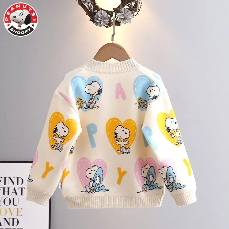 Peanuts Snoopy spring and autumn long-sleeved cartoon love printed thickened knitted cardigan children\'s casual all-match top