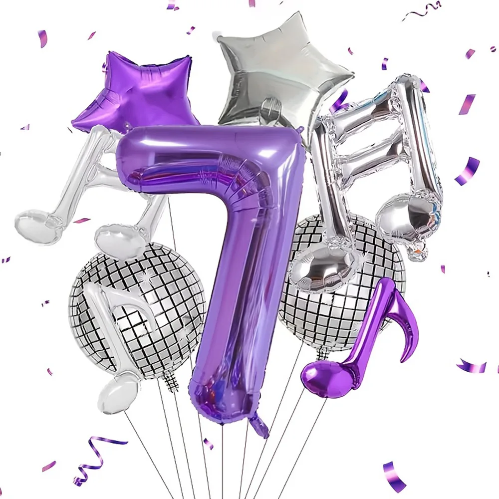 9-teiliges Pop-Musik-Party-Ballonset, 32 Zoll Lila Digitalzahlen 0-9 & Disco 4D Ballon & Silber-Lila Musiknoten & Stern-Ballons – Detail 5