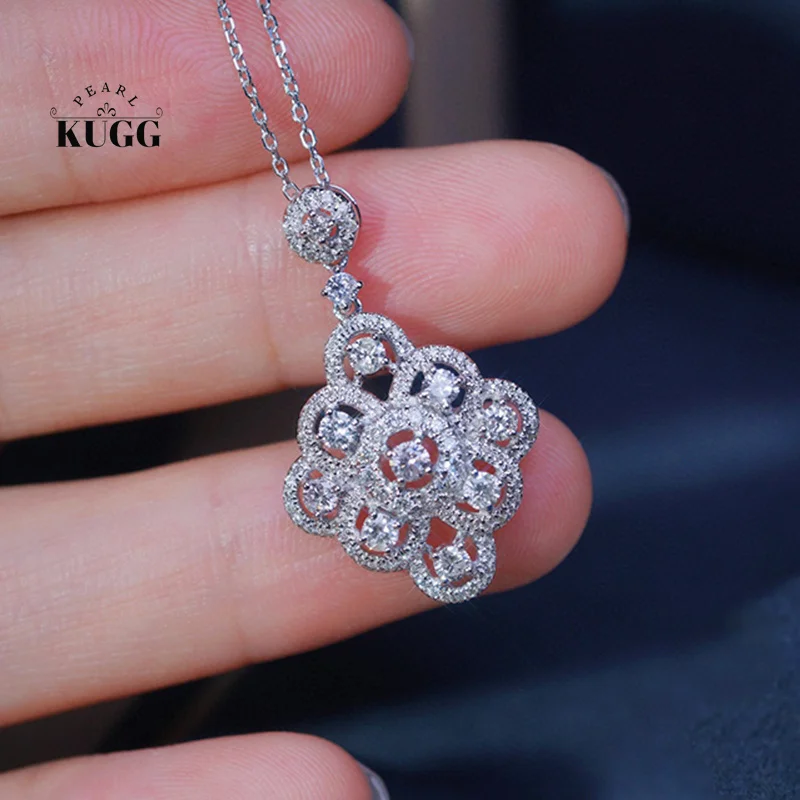 KUGG 18K White Gold Necklace Vintage Palace Design 0.85carat Real Natural Diamond Pendant Necklace for Women High Party Jewelry