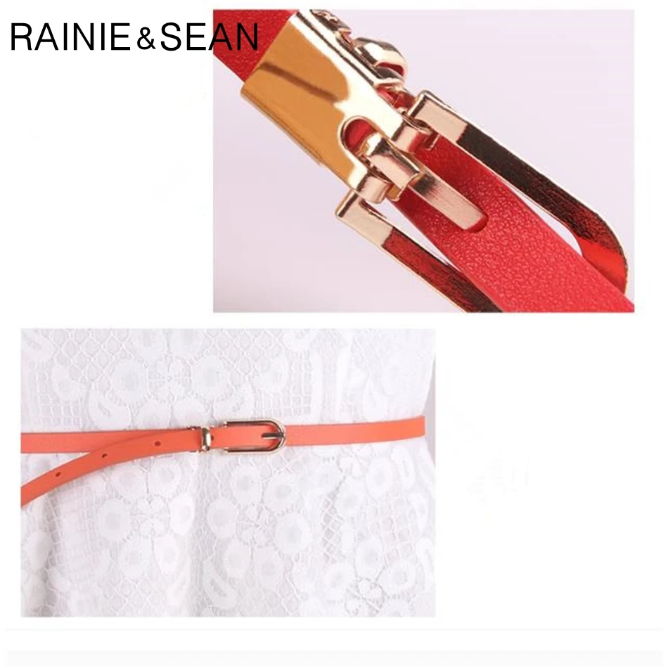 RAINIE SEAN Leather Dress Belt Woman Belts For Dress Candy Color Yellow Red Pink Brown PU Waist Thin Women\'s Belt Narrow Strap