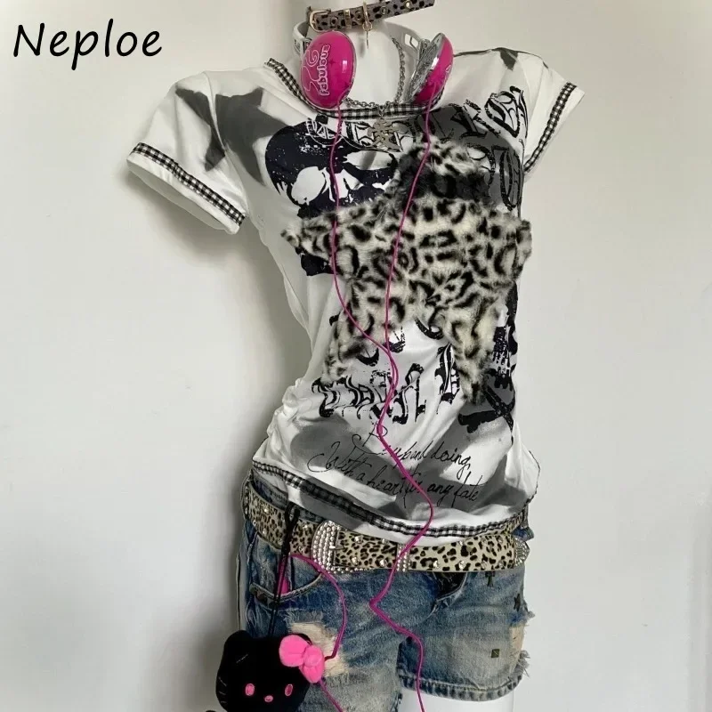 Neploe 2025 الصيف الشرير الأمريكية خمر قصيرة الأكمام س الرقبة تي شيرت Femem مثير E-الفتيات Y2K Fairycore الشارع الشهير 2000S تيز