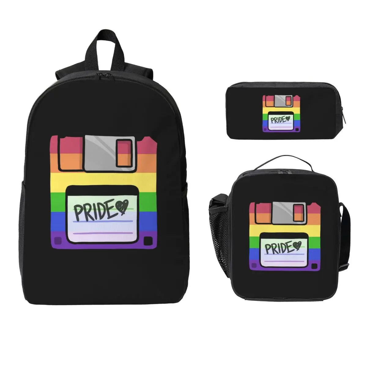 

Рюкзак Pride Floppy Disk, студенческая сумка для книг для мальчиков и девочек, школьная сумка, сумки на плечо для ноутбука, изолированная сумка для обеда 3 шт., пенал