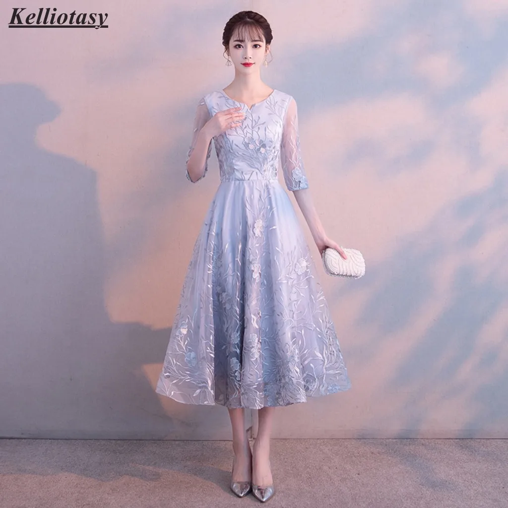 

Free Shipping Novelty Woman Dress 2024 Tea length Bridesmaid Dress Gray Lace Bridesmaid Dresses For Wedding GMQ011