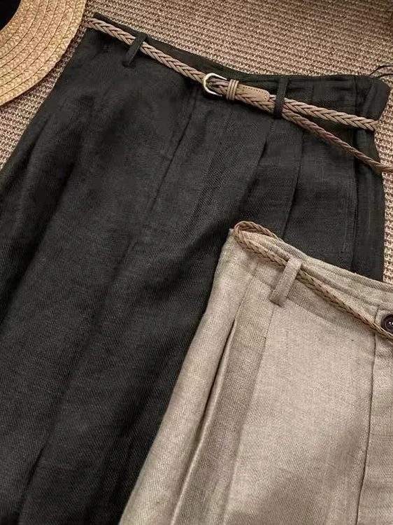 

High Waist Loose Fit Straight Leg Linen Wide Leg Pants Women's Casual Trousers Khaki Color 2026 New Style Korean Style