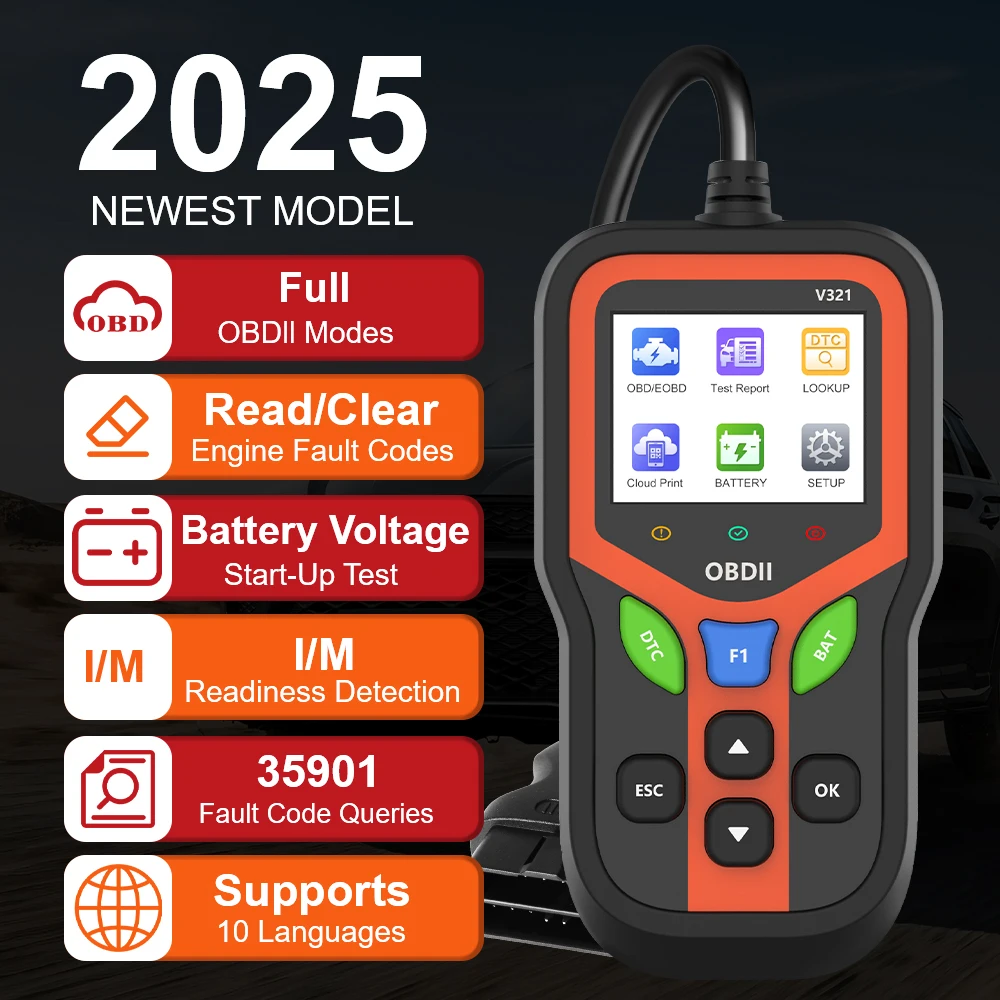 

Считыватель прозрачных кодов неисправностей V321, универсальный тестер батареи, сканер OBD II, проверка системы двигателя, автомобильные диагностические инструменты OBD2