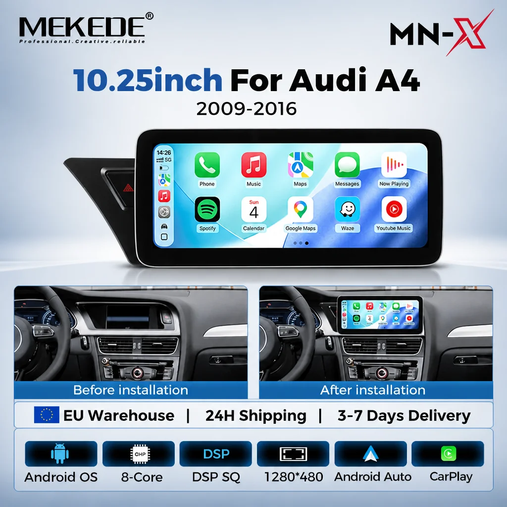 Écran multimédia sans fil MEKEDE 10,25' CarPlay Android Auto pour Audi A4 B8 A5 2009-2017, autoradio Android tout-en-un, navigation GPS 8 cœurs, prend en charge la commutation de double système, FM, WIFI, 4G, DSP, BT, 1080P, AHD, stock européen.