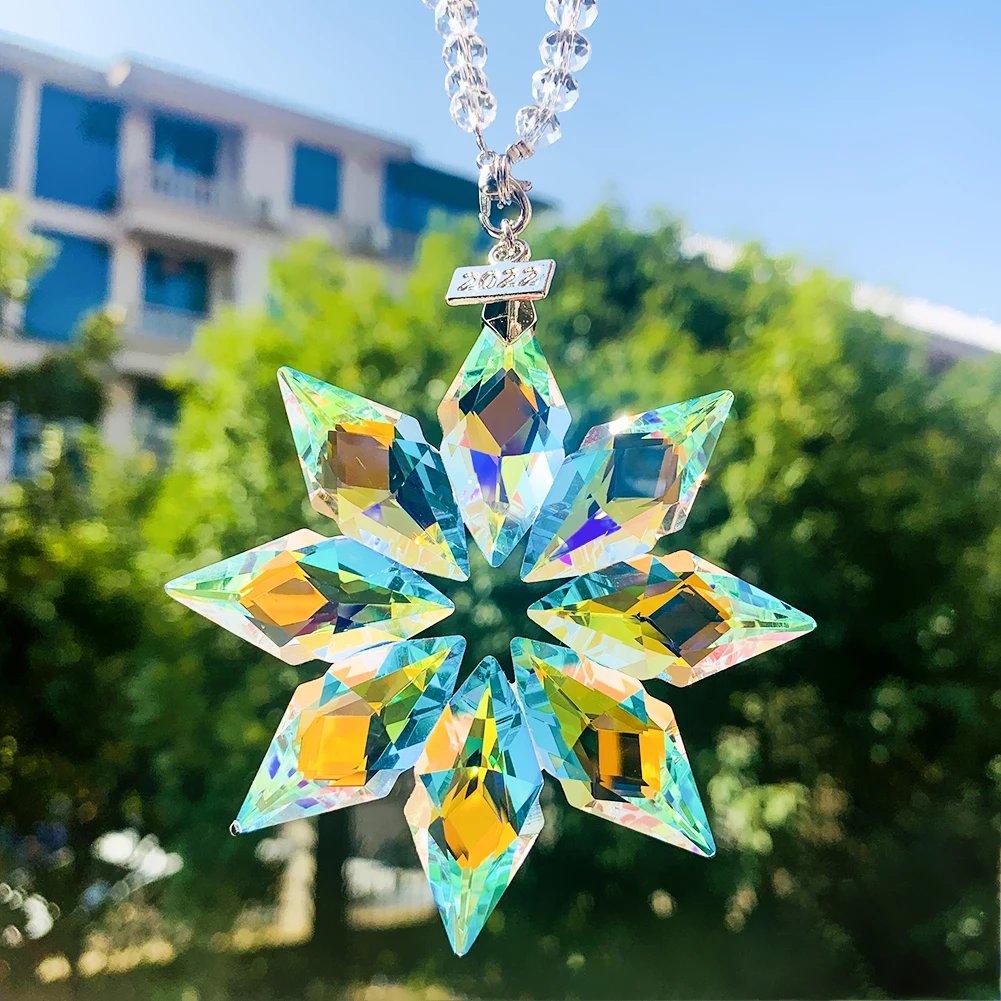 AB Color Snowflake Crystal Car Pendant Shiny Glass Prism Sun Catcher Rearview Mirror Hanging Christmas Decor for Home Garden