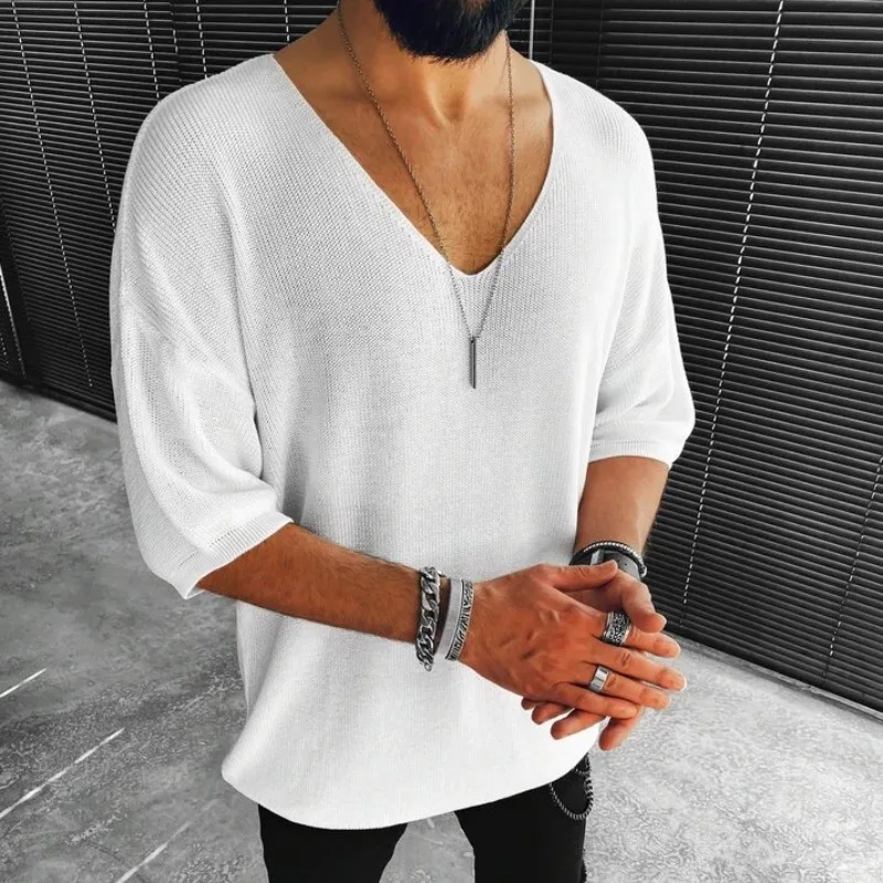 

2024 Spring/Summer Thin Foreign Trade New Men's Short Sleeved T-shirt V-neck Short Sleeved Men's Knitwear