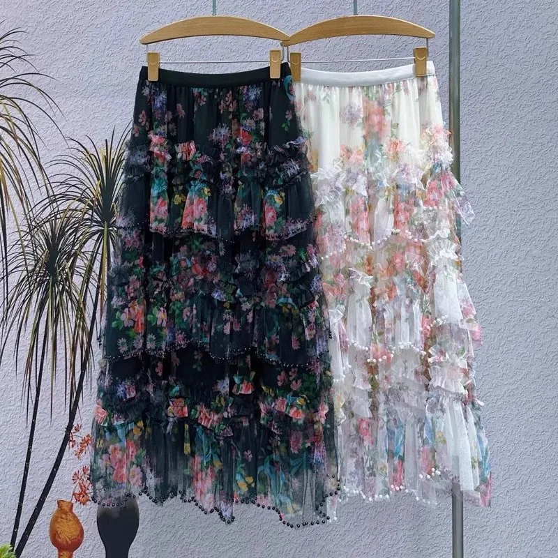 2026 Fashion Women Summer Mesh Long Skirt High Waist A-Line Boho Flower Maxi Skirts Faldas Femme Streetwear